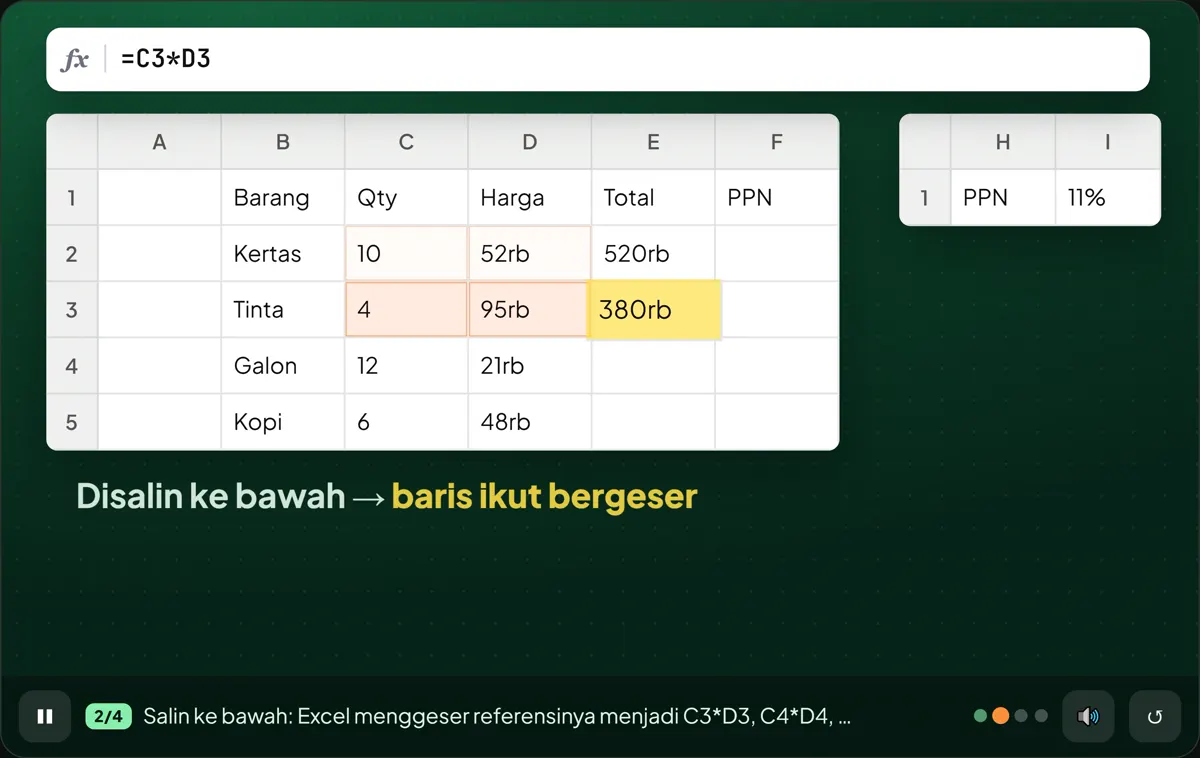 Animasi materi: rumus disalin ke bawah dan referensinya ikut bergeser