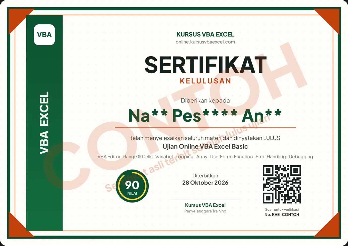 Contoh sertifikat kelulusan dengan nilai dan QR verifikasi