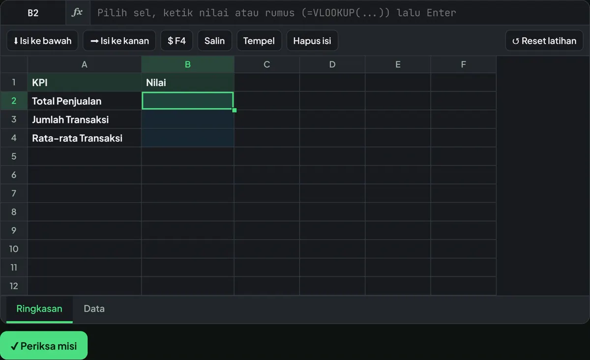 Simulator Excel di browser dengan lembar Ringkasan untuk KPI dashboard