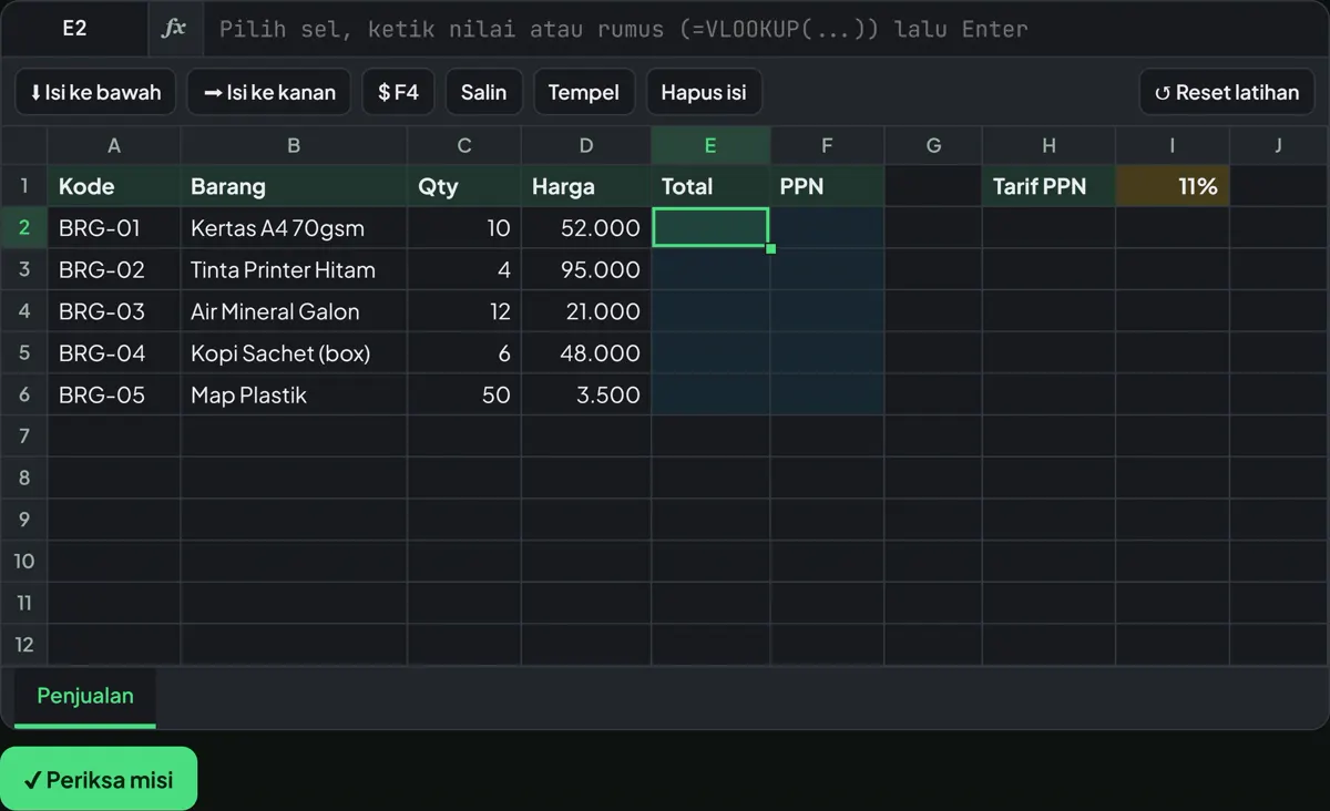 Simulator Excel di browser: tabel barang, qty, harga, dan total
